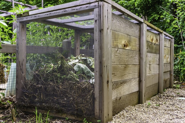 Large compost bin, made of wood and wire mesh, in a community garden, early summer in Illinois, for themes of environment, recycling, organic fertilization